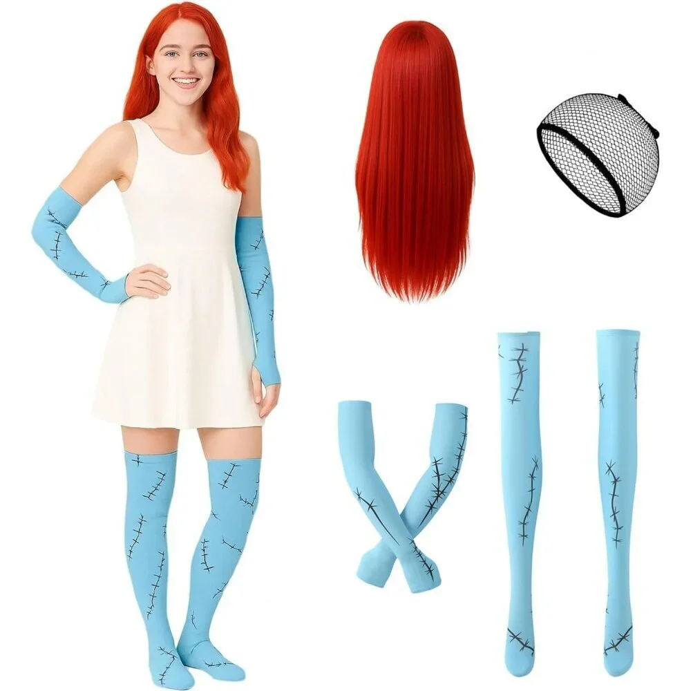 Halloween Costume Accessories Women Set Arm Sleeves Thigh Highs Red Wig Cosplay
